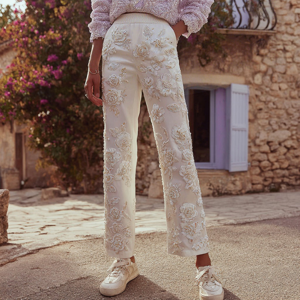 Women's Vintage Floral Embroidered Casual Pants