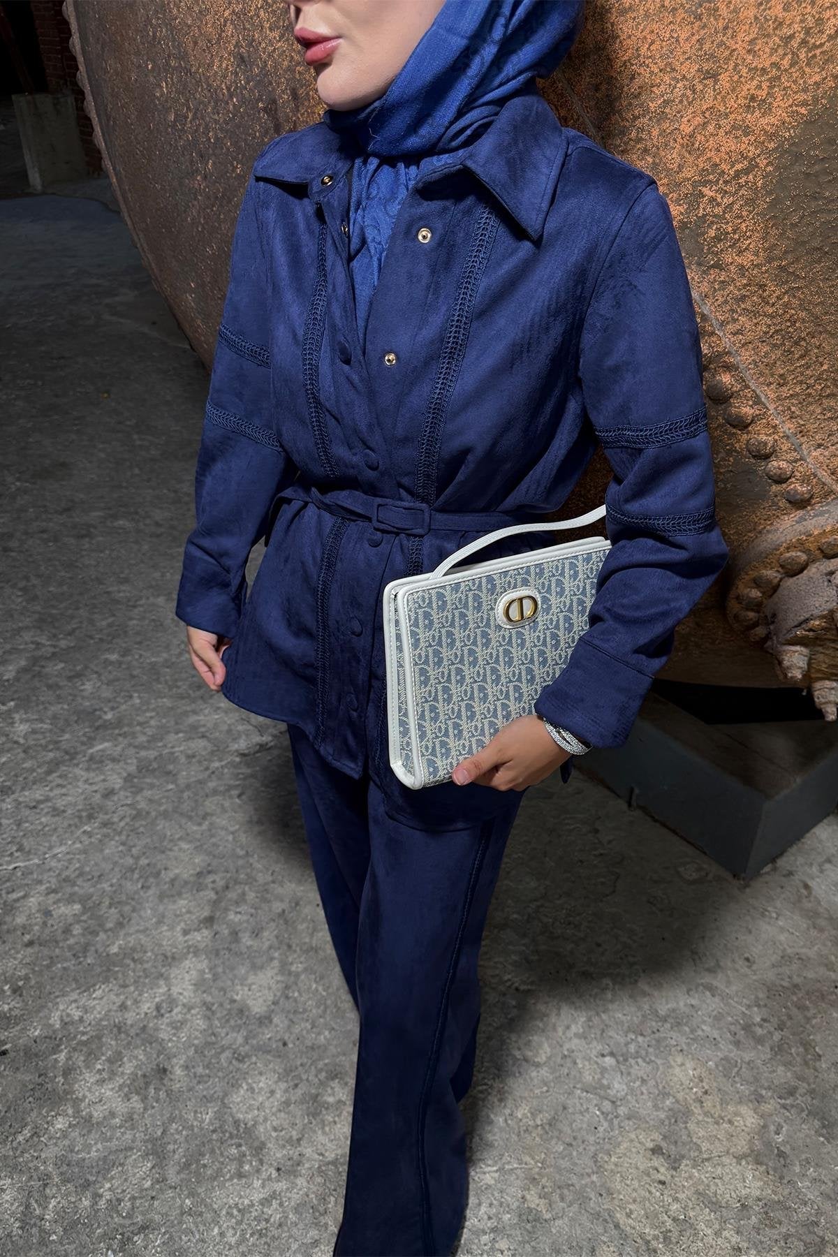 Navy Blue Suede Pants Set with Lace Details and Belt