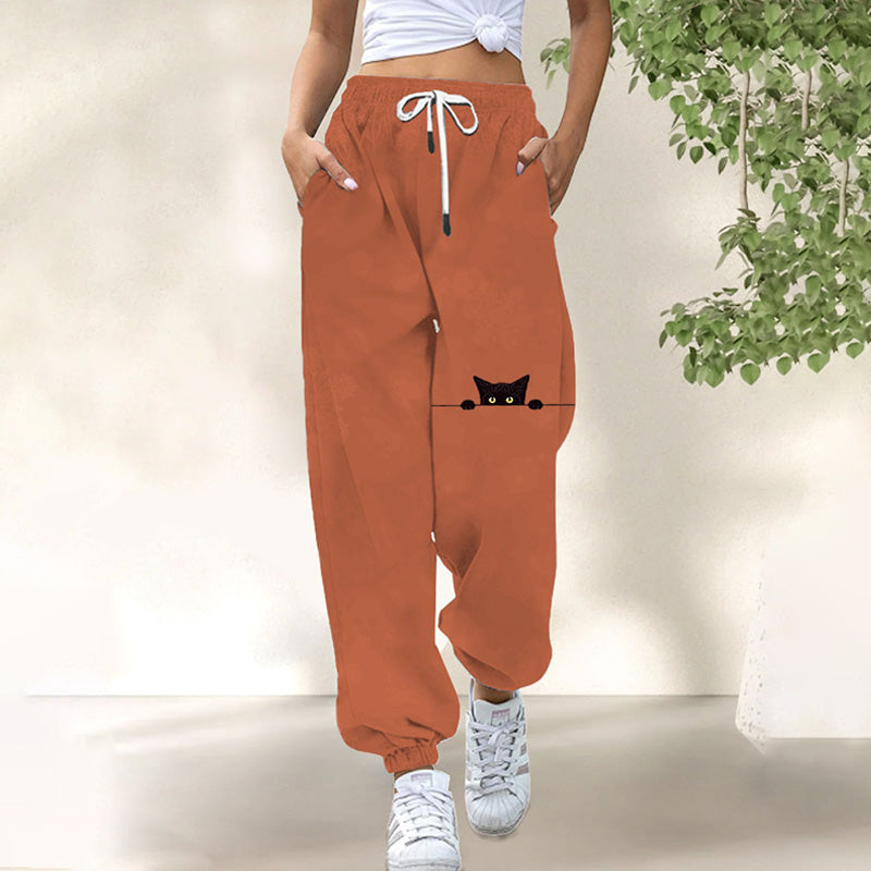 Women's Casual Funny Black Cat Print Pants
