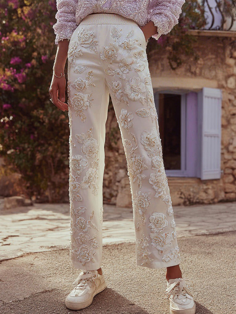 Women's Vintage Floral Embroidered Casual Pants