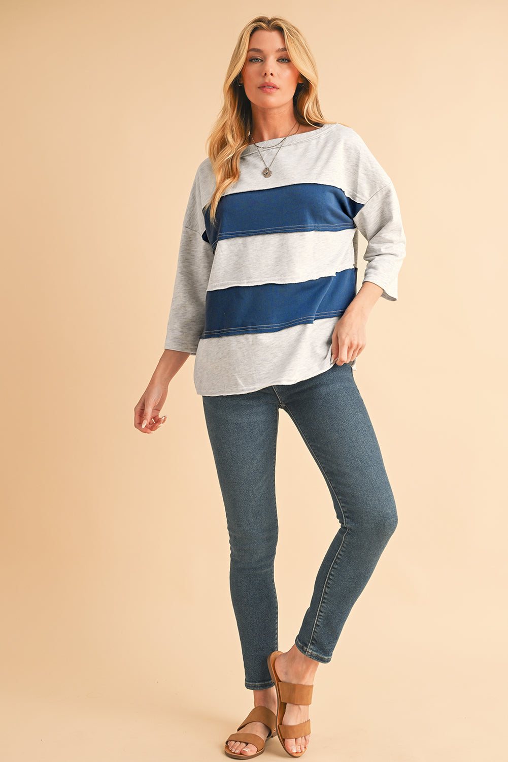 Striped Patchwork 3/4 Sleeves Raw Edge Sweatshirt