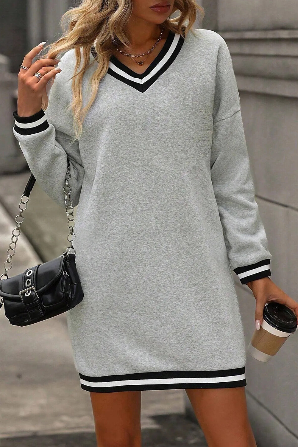 Striped Trim V-Neck Long Sleeve Preppy Sweatshirt Dress