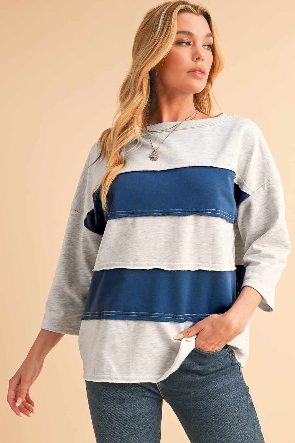 Striped Patchwork 3/4 Sleeves Raw Edge Sweatshirt