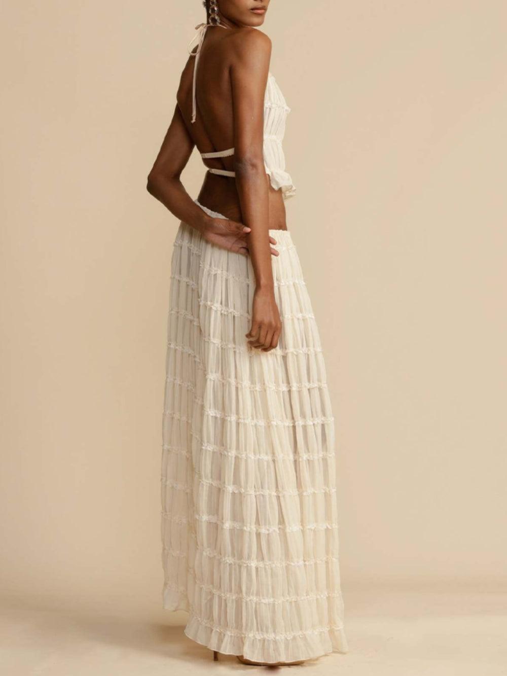Pleated Drawstring Charm Waist Tiered Maxi Skirt Suit