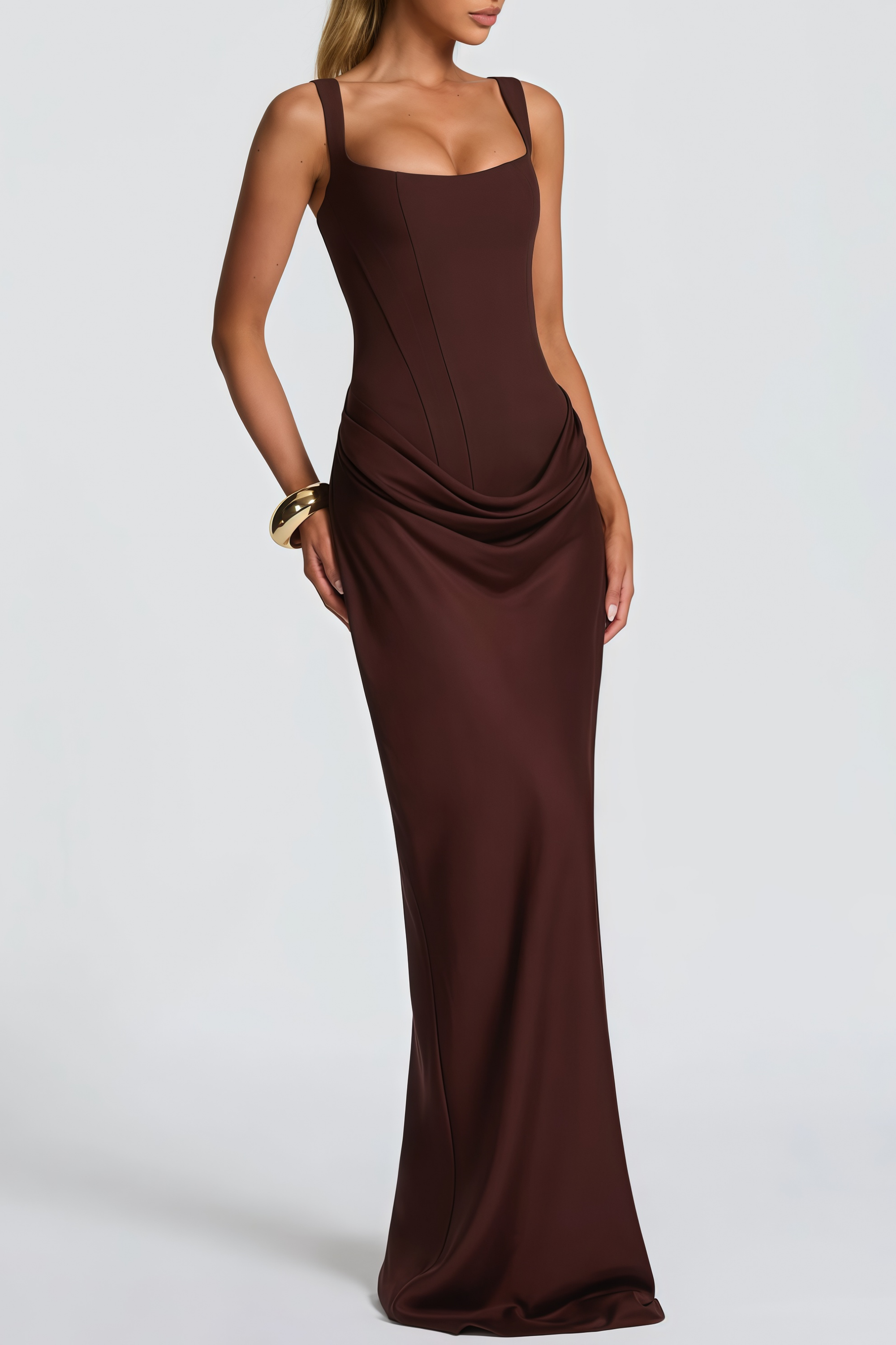 Paulette Brown Ruched Corset Maxi Dress