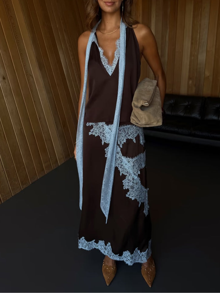 Elegant Brown and Blue Lace Panel Skirt