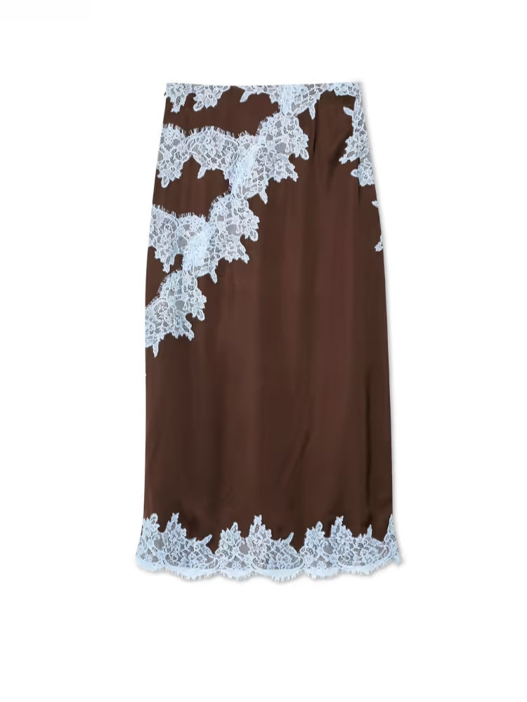 Elegant Brown and Blue Lace Panel Skirt