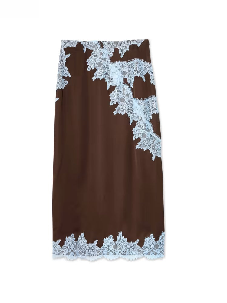Elegant Brown and Blue Lace Panel Skirt