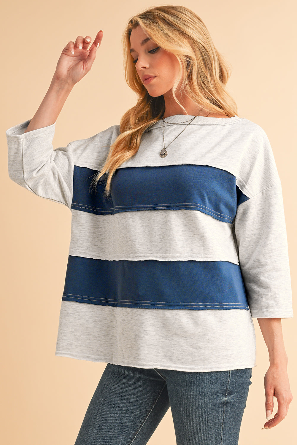 Striped Patchwork 3/4 Sleeves Raw Edge Sweatshirt