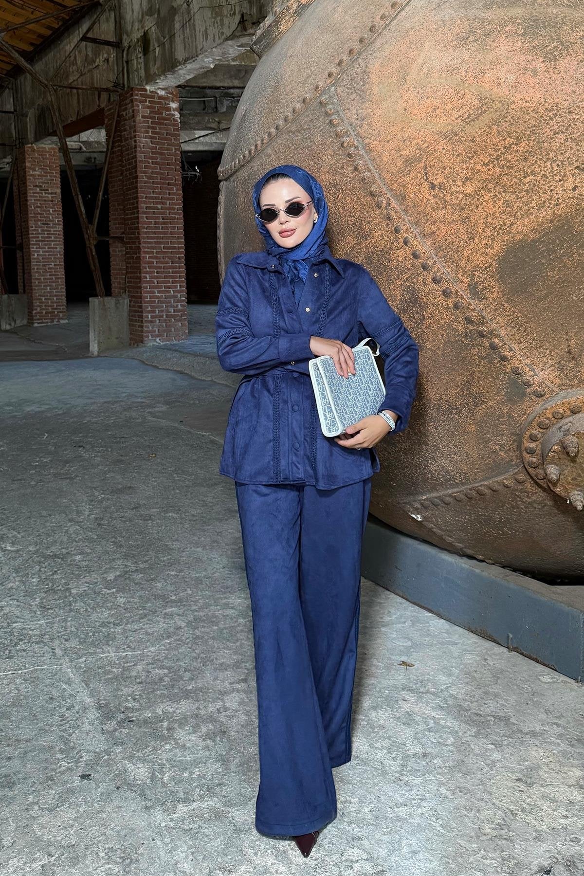 Navy Blue Suede Pants Set with Lace Details and Belt