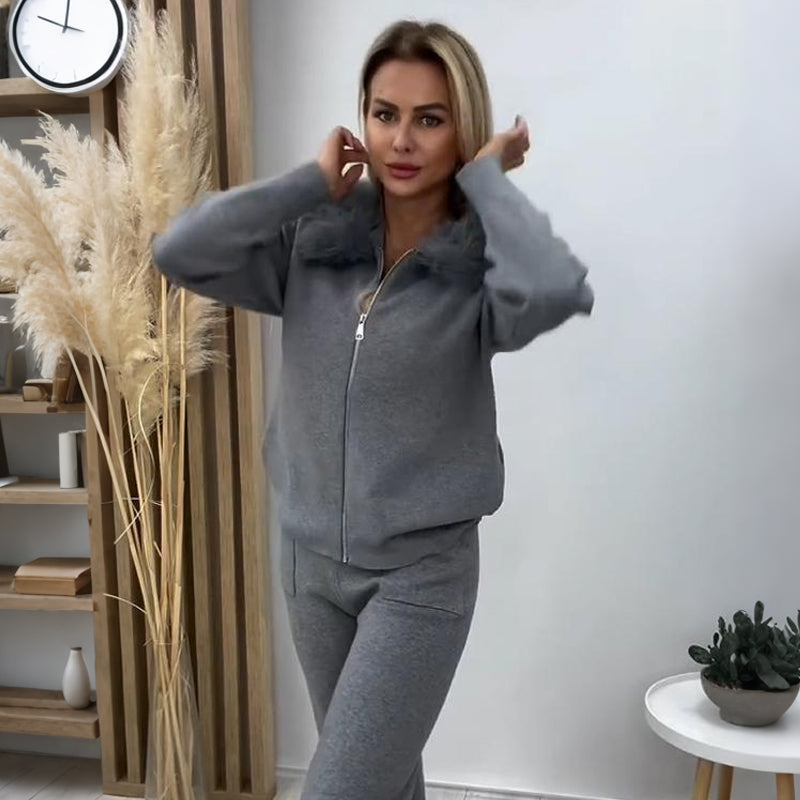 Women’s Plush Collar Zip-Up Hoodie & Jogger Set