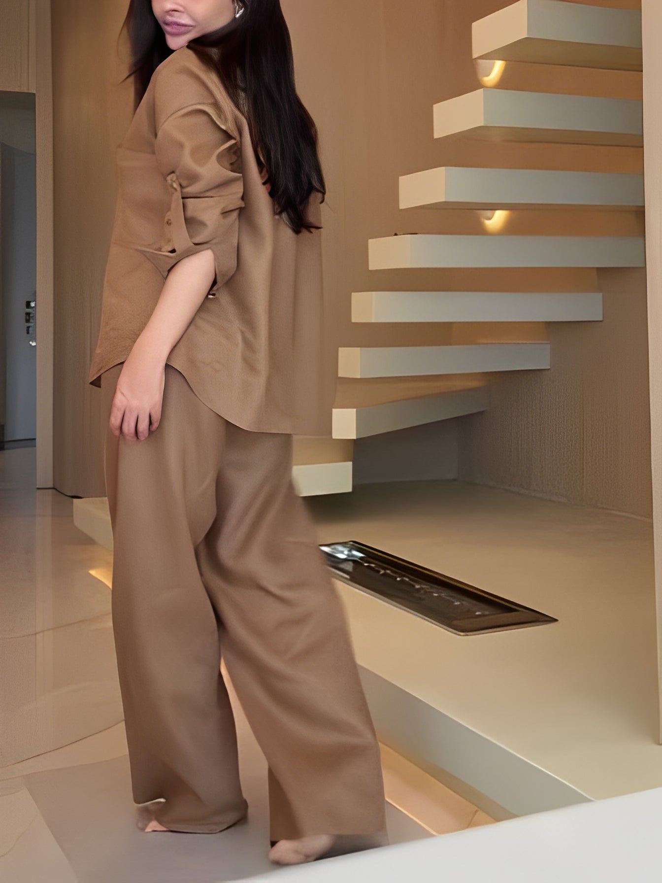 Brown long-sleeved shirt and trousers suit
